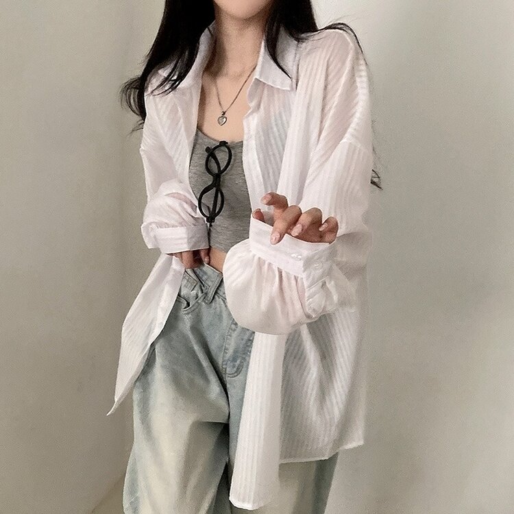 거즈 스트라이프 왕박시 아방핏 셔츠 남방 화이트