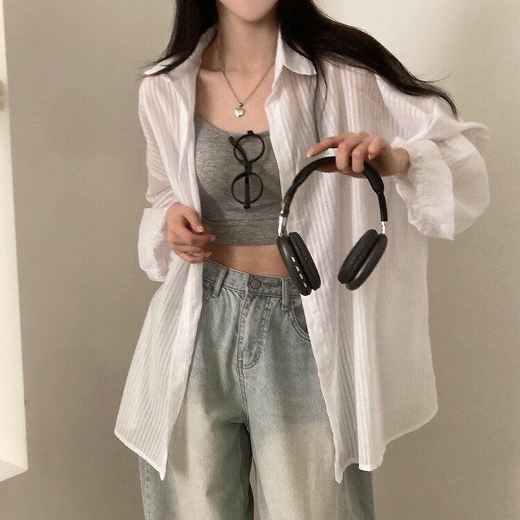 거즈 스트라이프 왕박시 아방핏 셔츠 남방 화이트