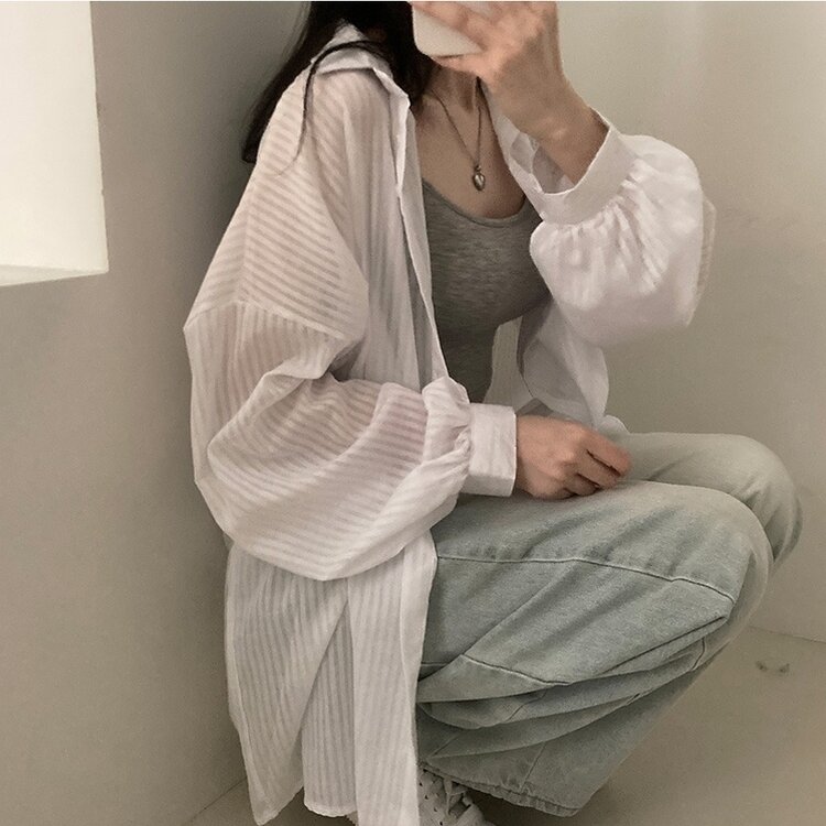 거즈 스트라이프 왕박시 아방핏 셔츠 남방 화이트