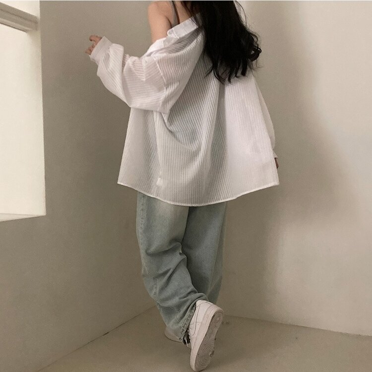 거즈 스트라이프 왕박시 아방핏 셔츠 남방 화이트