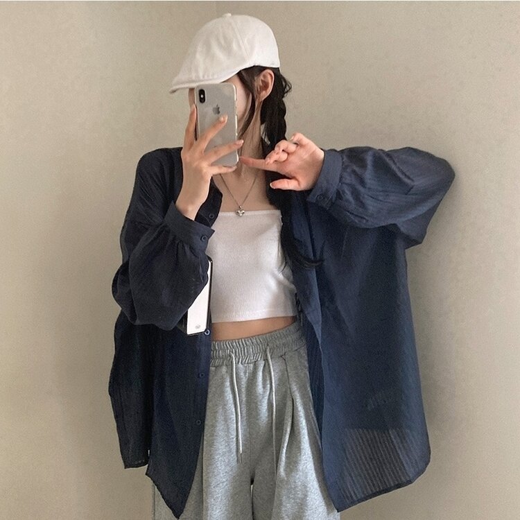 거즈 스트라이프 왕박시 아방핏 셔츠 남방 네이비