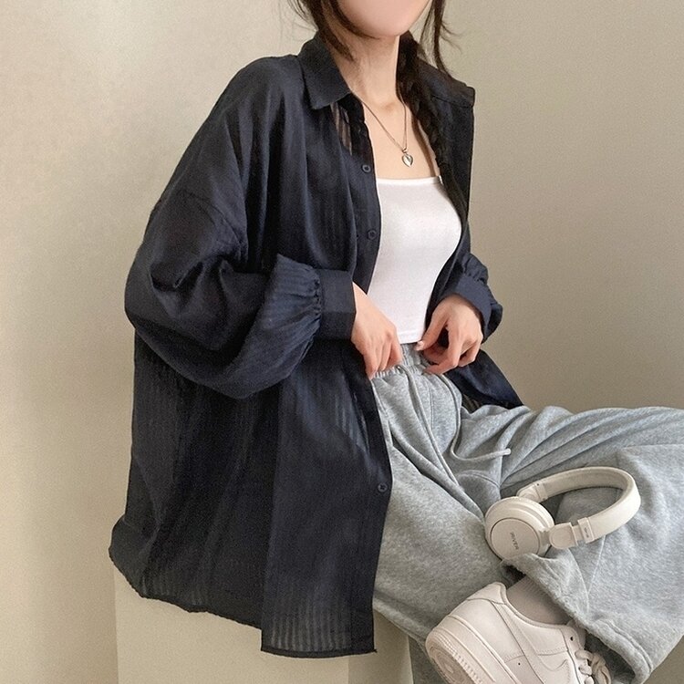 거즈 스트라이프 왕박시 아방핏 셔츠 남방 네이비