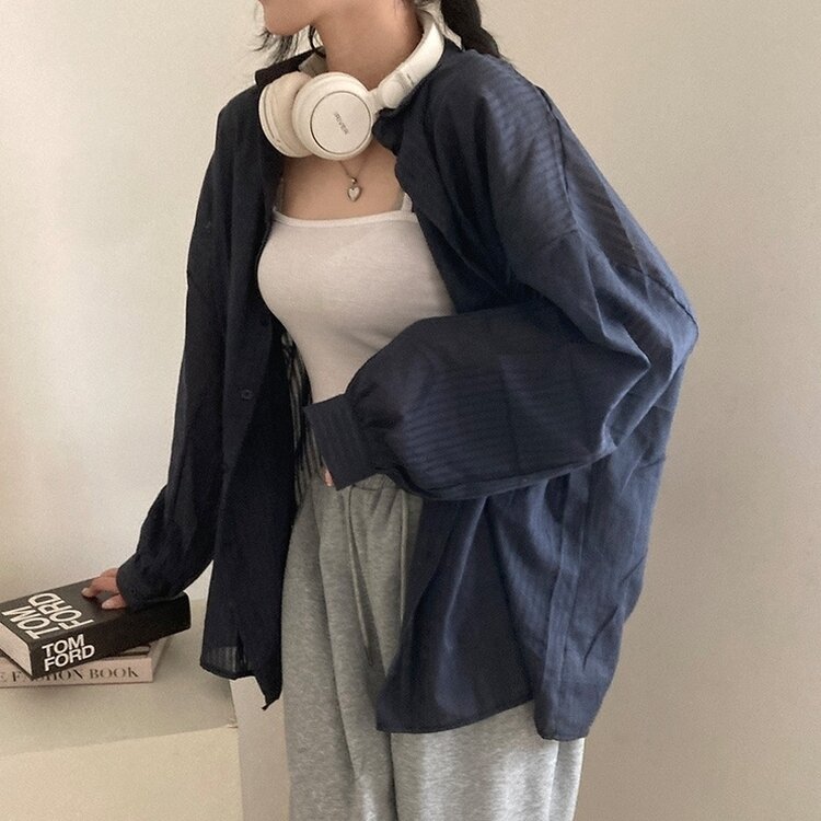 거즈 스트라이프 왕박시 아방핏 셔츠 남방 네이비