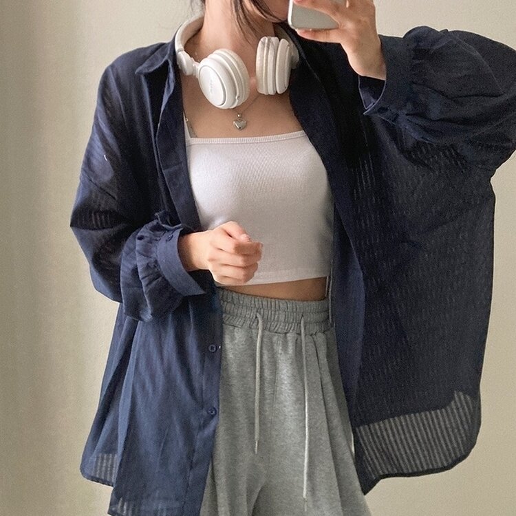 거즈 스트라이프 왕박시 아방핏 셔츠 남방 네이비