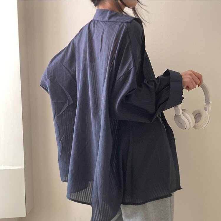 거즈 스트라이프 왕박시 아방핏 셔츠 남방 네이비