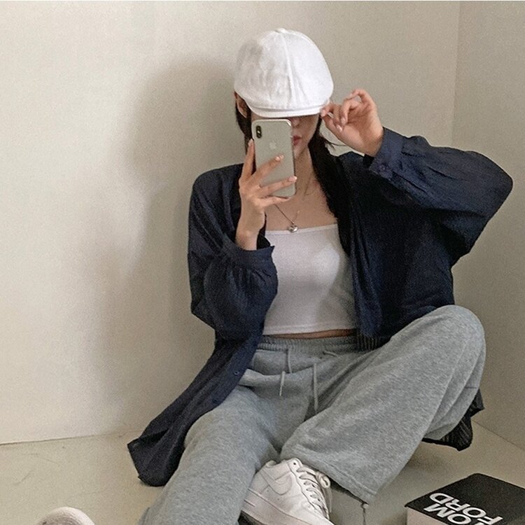 거즈 스트라이프 왕박시 아방핏 셔츠 남방 네이비