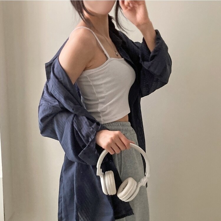 거즈 스트라이프 왕박시 아방핏 셔츠 남방 네이비