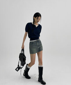 ミニスカート ウォッシングデニムミニスカートパンツ DARK BLUE