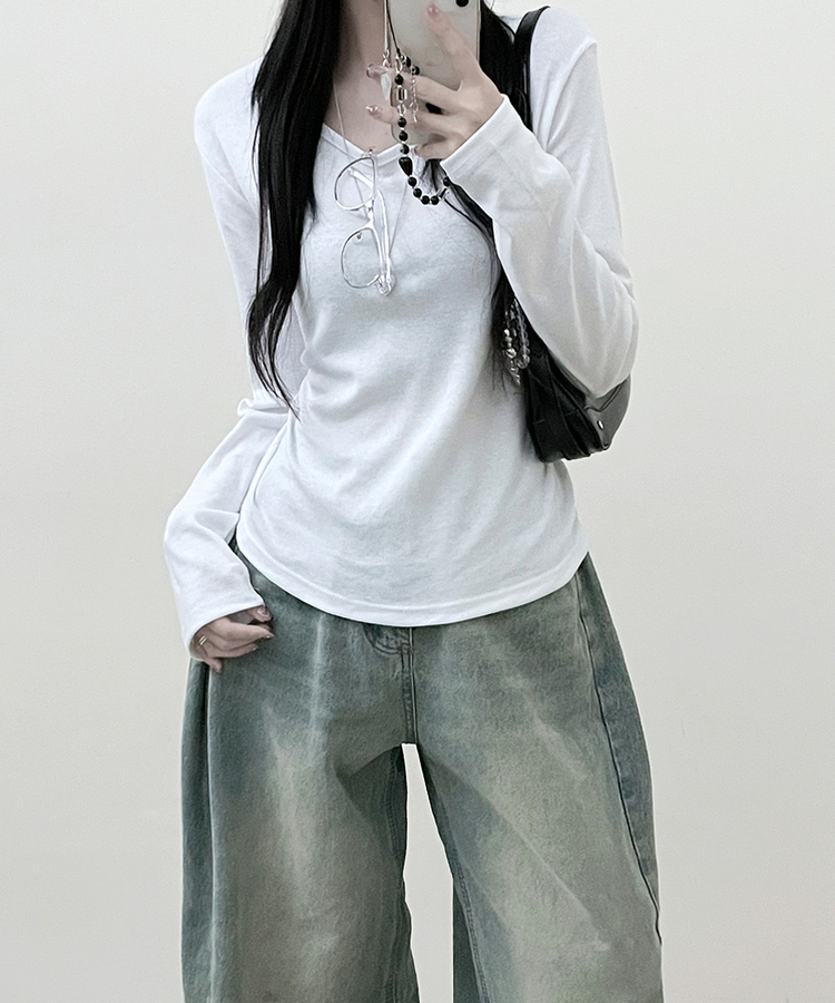 긴팔버전 체형커버 랍빠유넥 라운드 여유핏 긴팔티 아이보리