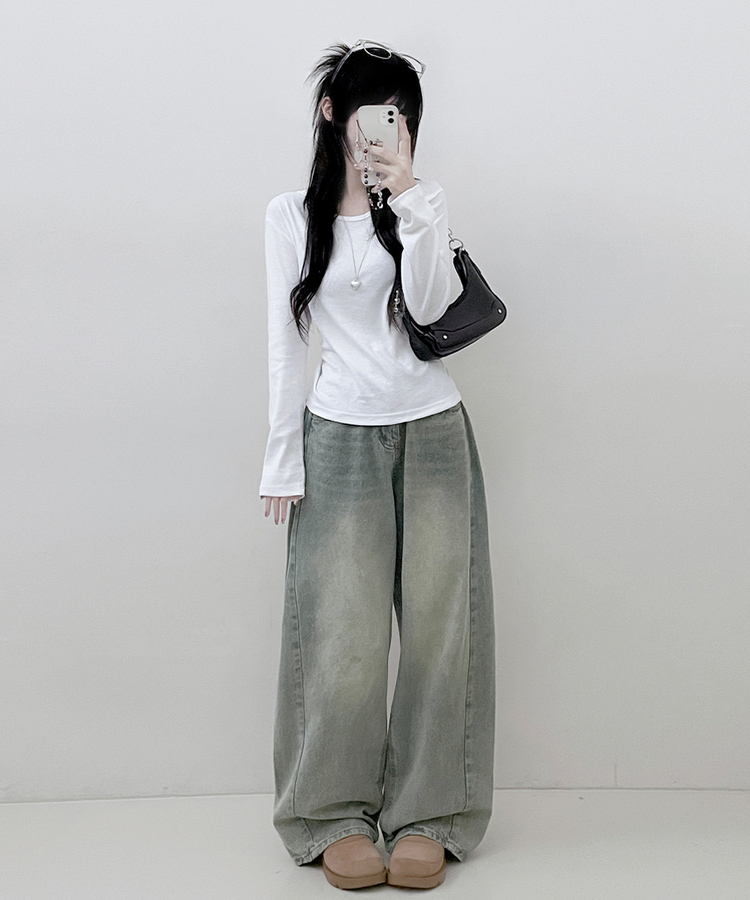 긴팔버전 체형커버 랍빠유넥 라운드 여유핏 긴팔티 아이보리