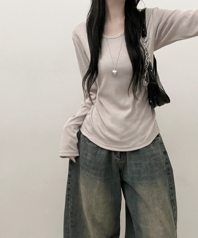 긴팔버전 체형커버 랍빠유넥 라운드 여유핏 긴팔티 베이지