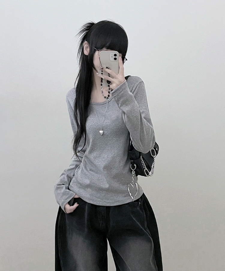 긴팔버전 체형커버 랍빠유넥 라운드 여유핏 긴팔티 그레이