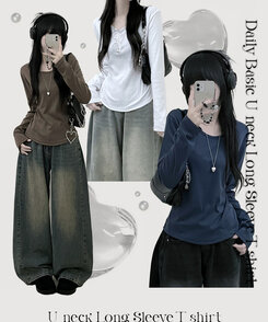 긴팔버전 체형커버 랍빠유넥 라운드 여유핏 긴팔티 아이보리