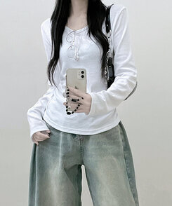 긴팔버전 체형커버 랍빠유넥 라운드 여유핏 긴팔티 아이보리