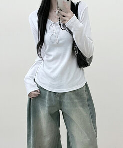 긴팔버전 체형커버 랍빠유넥 라운드 여유핏 긴팔티 아이보리