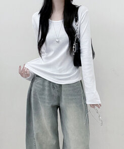 긴팔버전 체형커버 랍빠유넥 라운드 여유핏 긴팔티 아이보리