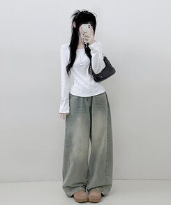 긴팔버전 체형커버 랍빠유넥 라운드 여유핏 긴팔티 아이보리