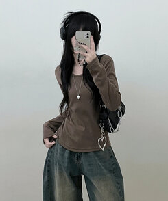 긴팔버전 체형커버 랍빠유넥 라운드 여유핏 긴팔티 카키