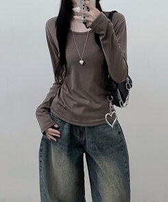 긴팔버전 체형커버 랍빠유넥 라운드 여유핏 긴팔티 카키