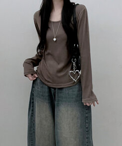 긴팔버전 체형커버 랍빠유넥 라운드 여유핏 긴팔티 카키