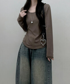 긴팔버전 체형커버 랍빠유넥 라운드 여유핏 긴팔티 카키