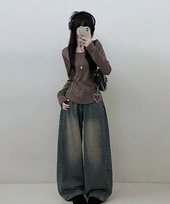 긴팔버전 체형커버 랍빠유넥 라운드 여유핏 긴팔티 카키