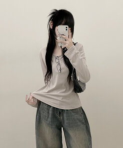 긴팔버전 체형커버 랍빠유넥 라운드 여유핏 긴팔티 베이지