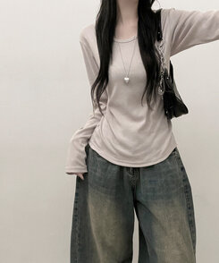 긴팔버전 체형커버 랍빠유넥 라운드 여유핏 긴팔티 베이지