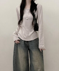 긴팔버전 체형커버 랍빠유넥 라운드 여유핏 긴팔티 베이지