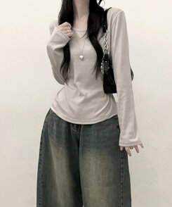 긴팔버전 체형커버 랍빠유넥 라운드 여유핏 긴팔티 베이지