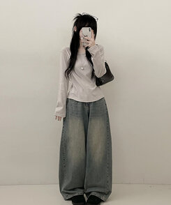 긴팔버전 체형커버 랍빠유넥 라운드 여유핏 긴팔티 베이지