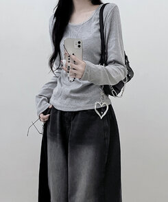 긴팔버전 체형커버 랍빠유넥 라운드 여유핏 긴팔티 그레이