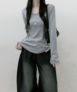 긴팔버전 체형커버 랍빠유넥 라운드 여유핏 긴팔티 그레이