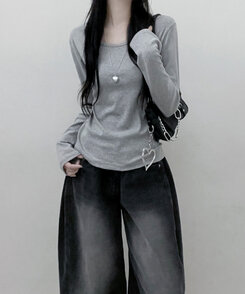 긴팔버전 체형커버 랍빠유넥 라운드 여유핏 긴팔티 그레이