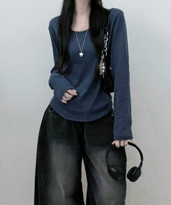 긴팔버전 체형커버 랍빠유넥 라운드 여유핏 긴팔티 곤색