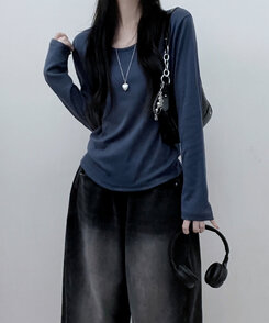 긴팔버전 체형커버 랍빠유넥 라운드 여유핏 긴팔티 곤색