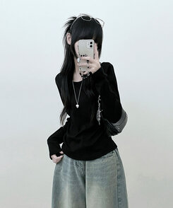 긴팔버전 체형커버 랍빠유넥 라운드 여유핏 긴팔티 블랙