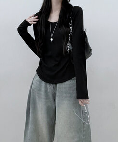 긴팔버전 체형커버 랍빠유넥 라운드 여유핏 긴팔티 블랙