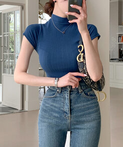 半袖Tシャツ ハイネックスリムフィット半袖リブTシャツ BLUE