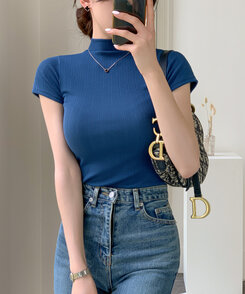 半袖Tシャツ ハイネックスリムフィット半袖リブTシャツ BLUE