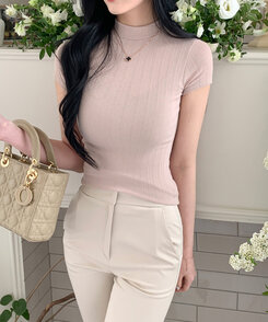 半袖Tシャツ ハイネックスリムフィット半袖リブTシャツ BEIGE