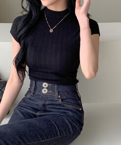 半袖Tシャツ ハイネックスリムフィット半袖リブTシャツ BLACK