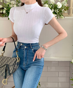 半袖Tシャツ ハイネックスリムフィット半袖リブTシャツ WHITE
