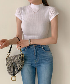 半袖Tシャツ ハイネックスリムフィット半袖リブTシャツ WHITE