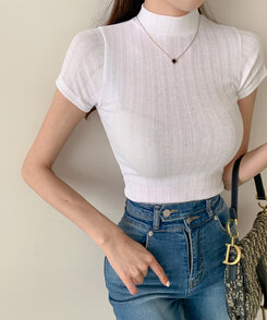 半袖Tシャツ ハイネックスリムフィット半袖リブTシャツ WHITE