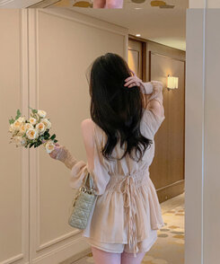ツーピース 【SET】シフォンリボンフレアブラウス+ショートパンツ PINK