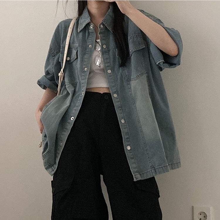 쿠버 빈티지 워싱 데님 포켓 오버핏 반팔 자켓 라이트블루