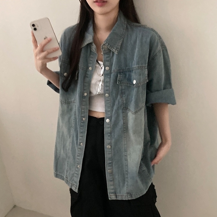 쿠버 빈티지 워싱 데님 포켓 오버핏 반팔 자켓 라이트블루