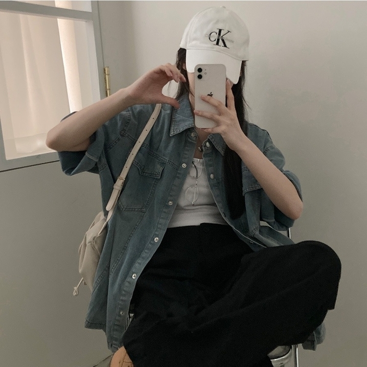 쿠버 빈티지 워싱 데님 포켓 오버핏 반팔 자켓 라이트블루