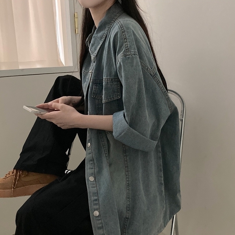 쿠버 빈티지 워싱 데님 포켓 오버핏 반팔 자켓 라이트블루